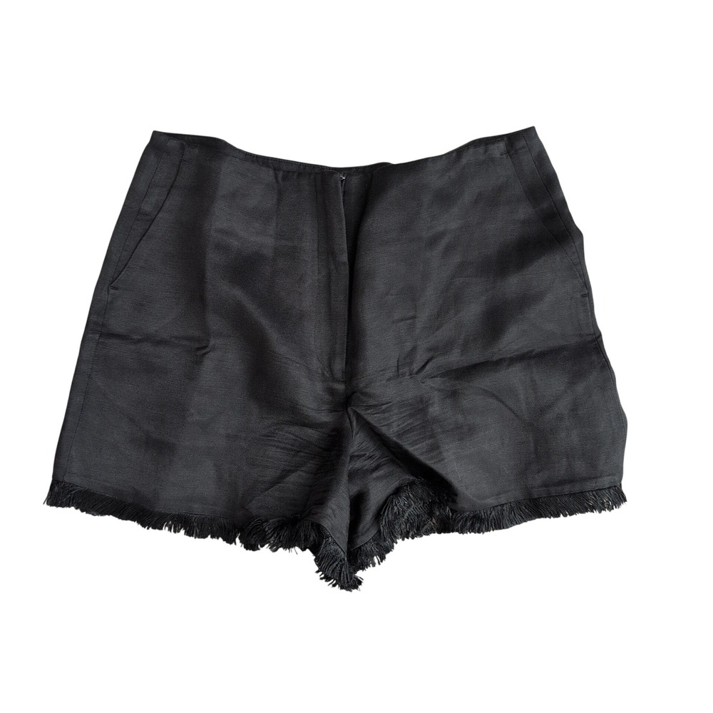 Sandro Paris Black‎ Linen Viscose Fringe Trim High Rise Shorts Sz 38 US 6 Luxury